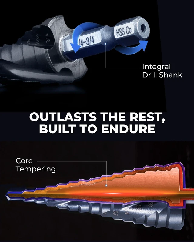 Alt view image 4 of 7 - toolant M35 Cobalt Step Drill Bit, 1/4"-1-1/8", TiAlN, 1/4" Hex Shank M35 Cobalt HSS; TiAlN Coating; Four Spiral Flutes; 1/4" Hex Shank Unibit; Metal/Stainless/Aluminum/Plastic