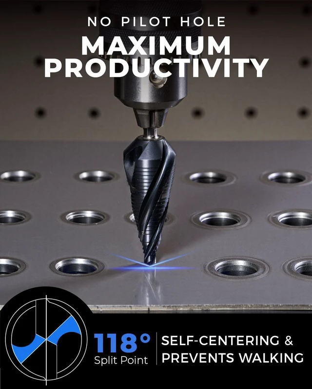 Alt view image 5 of 7 - toolant M35 Cobalt Step Drill Bit, 1/4"-1-1/8", TiAlN, 1/4" Hex Shank M35 Cobalt HSS; TiAlN Coating; Four Spiral Flutes; 1/4" Hex Shank Unibit; Metal/Stainless/Aluminum/Plastic