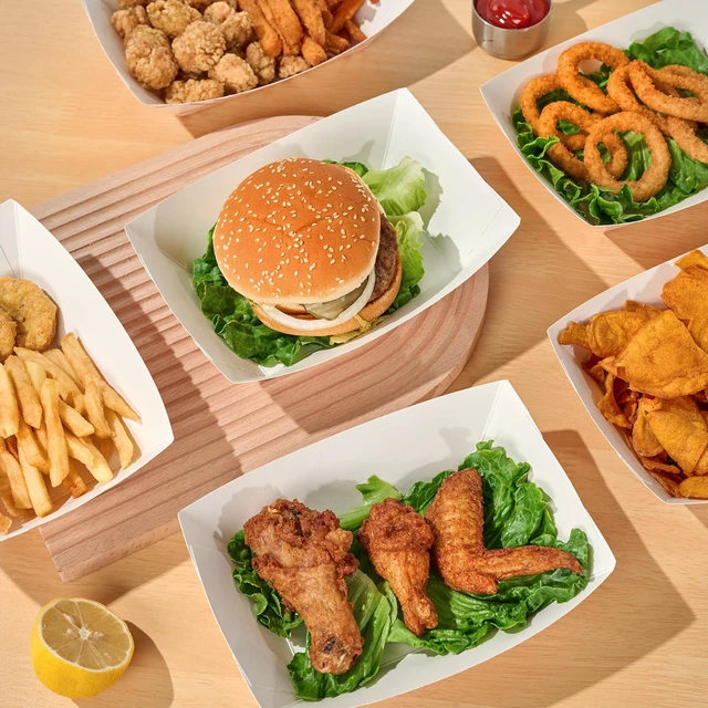 Alt view image 6 of 7 - 250 Pack 3lb Paper Food Tray Red, Disposable Paper Boat for Nacho Food Holder Trays, Serving Boats for Taco Hot Dog Snack Fries Dessert Popcorn Sauce
