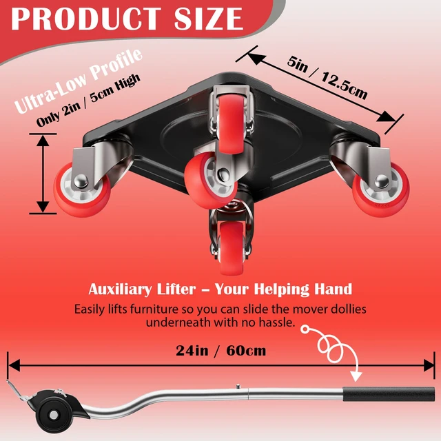 Alt view image 3 of 6 - Heavy Duty Furniture Movers with 5-Wheel Dollies Furniture Dolly Set with Lifter & Base, 360° Swivel Casters, Non-Slip Pads, Up to 2000 lbs Load Capacity
