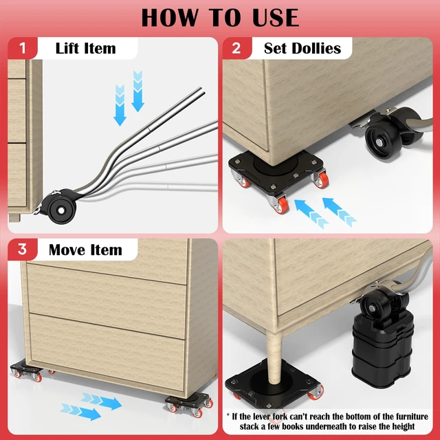 Alt view image 5 of 6 - Heavy Duty Furniture Movers with 5-Wheel Dollies Furniture Dolly Set with Lifter & Base, 360° Swivel Casters, Non-Slip Pads, Up to 2000 lbs Load Capacity