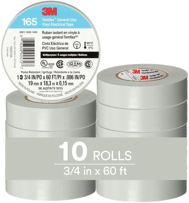 Main image of Temflex Vinyl Electrical Tape 165, 3/4 in x 60 ft, Gray, 10 Roll Pack Multi-Purpose, 19 mm x 18 m