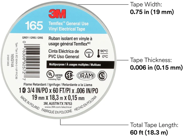 Alt view image 2 of 6 - Temflex Vinyl Electrical Tape 165, 3/4 in x 60 ft, Gray, 10 Roll Pack Multi-Purpose, 19 mm x 18 m