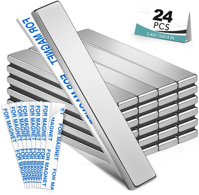 Main image of 24 Pack Strong Neodymium Bar Magnets, 60 x 10 x 3 mm Rare Earth Neodymium Magnets with Double-Sided Adhesive Perfect for Fridge, Garage, Kitchen, Craft, Office