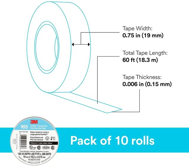 Alt view image 4 of 6 - Temflex Vinyl Electrical Tape 165, 3/4 in x 60 ft, Gray, 10 Roll Pack Multi-Purpose, 19 mm x 18 m