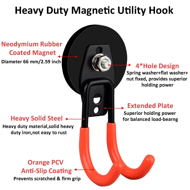 Alt view image 2 of 7 - Garage Strong Magnetic Hooks, 2 Pack Heavy Duty Large J Hooks with Magnet, Anti-Slip Coating Magnet Hooks for Garden Tools, Ropes,Drill