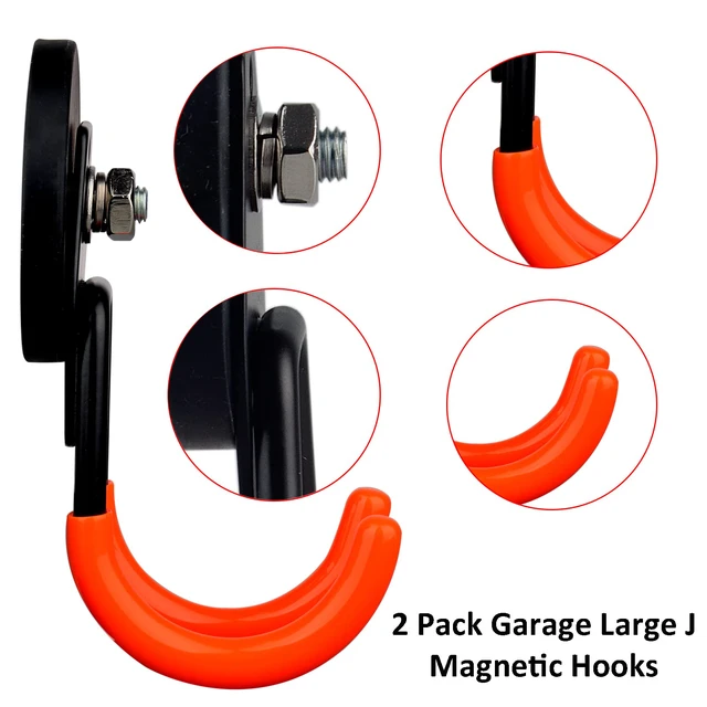 Alt view image 4 of 7 - Garage Strong Magnetic Hooks, 2 Pack Heavy Duty Large J Hooks with Magnet, Anti-Slip Coating Magnet Hooks for Garden Tools, Ropes,Drill