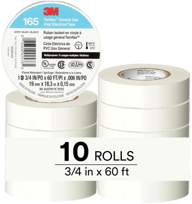 Main image of Temflex Vinyl Electrical Tape 165, 3/4 in x 60 ft, White, 10 Roll Pack Multi-Purpose, 19 mm x 18 m