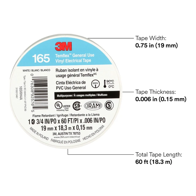 Alt view image 2 of 7 - Temflex Vinyl Electrical Tape 165, 3/4 in x 60 ft, White, 10 Roll Pack Multi-Purpose, 19 mm x 18 m