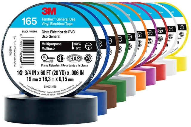 Alt view image 5 of 6 - Temflex Vinyl Electrical Tape 165, 3/4 in x 60 ft, Yellow, 10 Roll Pack Multi-Purpose, 19 mm x 18 m