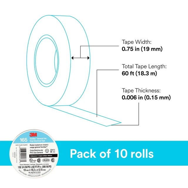Alt view image 5 of 7 - Temflex Vinyl Electrical Tape 165, 3/4 in x 60 ft, White, 10 Roll Pack Multi-Purpose, 19 mm x 18 m