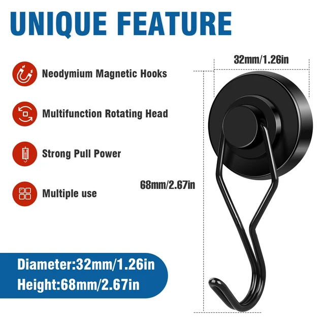 Alt view image 2 of 7 - Swivel Swing Magnetic Hook 120LBS Heavy Duty Magnet Hook 10 Pack Strong Neodymium Magnets for Refrigerator Other Surfaces 67.5mm(2.66in) in Length Black