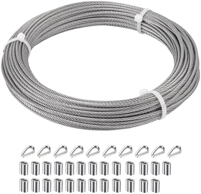 Main image of 1/8 inch Wire Cable,100ft Wire Rope Metal Cable with Loop Sleeve and Steel Thimble, 7x7 Marine Stainless Steel Strand Core Perfect for Deck Railing System, Outdoor Hanging kit, Garden Fence