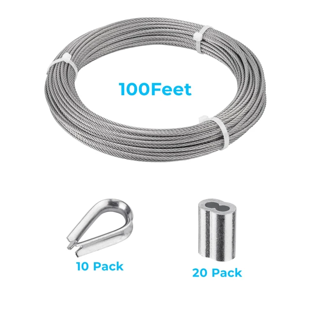 Alt view image 2 of 7 - 1/8 inch Wire Cable,100ft Wire Rope Metal Cable with Loop Sleeve and Steel Thimble, 7x7 Marine Stainless Steel Strand Core Perfect for Deck Railing System, Outdoor Hanging kit, Garden Fence