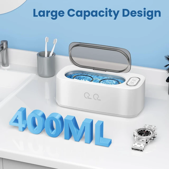Alt view image 6 of 7 - Ultrasonic Cleaner, 48kHz Ultrasonic Jewelry Cleaner Machine for Eyeglasses, Jewelry, Rings, Watch Straps, Dentures and More, Dual Cleaning Modes & 304 Stainless Steel Tank, 400ML Capacity, White