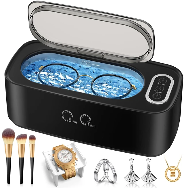 Main image of Ultrasonic Cleaner, 48kHz Ultrasonic Jewelry Cleaner Machine for Eyeglasses, Jewelry, Rings, Watch Straps, Dentures and More, Dual Cleaning Modes & 304 Stainless Steel Tank, 400ML Capacity, Black