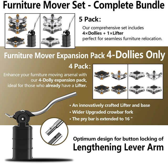 Alt view image 2 of 6 - Furniture Mover with Wheels & Aux. Lifter-Black Connect Dolly Pro 360° Rotation Wheels Furniture Dolly for Moving Sliding Heavy Furniture, Appliances, 880 LB Max Load Capacity