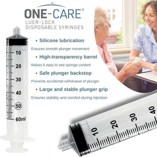Alt view image 2 of 7 - Luer-Lock Syringe, 60 mL, 60 Count, Blister-Packed Secure Luer-Lock Tip, Precise Dosing Graduation, High-Transparency Barrel, Smooth Plunger Action