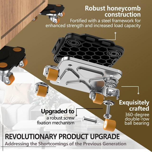 Alt view image 4 of 6 - Furniture Mover with Wheels & Aux. Lifter-Black Connect Dolly Pro 360° Rotation Wheels Furniture Dolly for Moving Sliding Heavy Furniture, Appliances, 880 LB Max Load Capacity