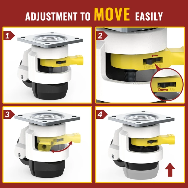 Alt view image 3 of 7 - Leveling Casters with Ratchet Handle DesignTotal Capacity 2200 lbs TD60Set of 4 Heavy Duty Industrial Casters with Adjustable Leveling Pads