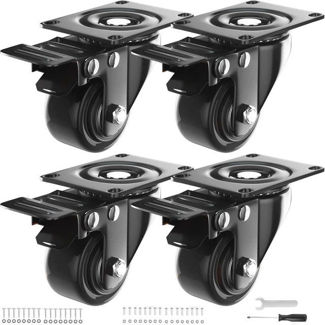 Main image of 2 Inch Caster Wheels Heavy Duty, Casters Set of 4 with Brake Polyurethane, Dual Lock Industrial Swivel Plate Mount for Furniture/ Workbench/Cart, Hardware Kits for Installation