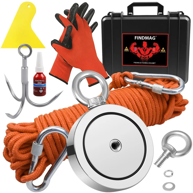 Main image of 1725 LBS Fishing Magnet Kit, 3.7 Inch Neodymium Fishing Magnet Powerful Magnet Kit Includes Neodymium Magnet, Gloves, 65 Foot Rope, Grappling Hook, Strong Magnets for Retrieving in Lake