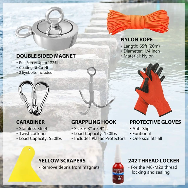 Alt view image 2 of 6 - 1725 LBS Fishing Magnet Kit, 3.7 Inch Neodymium Fishing Magnet Powerful Magnet Kit Includes Neodymium Magnet, Gloves, 65 Foot Rope, Grappling Hook, Strong Magnets for Retrieving in Lake