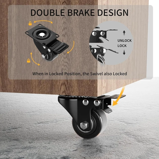 Alt view image 4 of 7 - 2 Inch Caster Wheels Heavy Duty, Casters Set of 4 with Brake Polyurethane, Dual Lock Industrial Swivel Plate Mount for Furniture/ Workbench/Cart, Hardware Kits for Installation