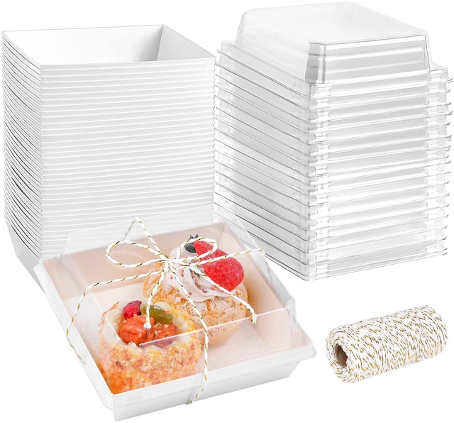 Main image of 100 Pack 5 Inch Paper Charcuterie Boxes with Clear Lids, White Small, Square, To Go Food Containers, Bakery Boxes, For Mini Cake, Desserts, Cookies, Sandwiches, Strawberries
