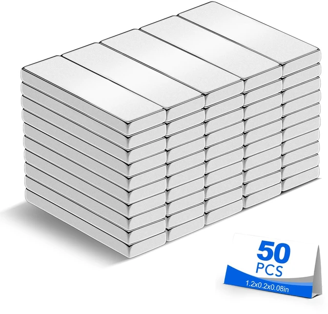 Main image of 50 Pack Strong Neodymium Bar Magnets, 30 x 5 x 2 mm Rare Earth Neodymium Magnets with Double-Sided Adhesive Perfect for Fridge, Garage, Kitchen, Craft, Office
