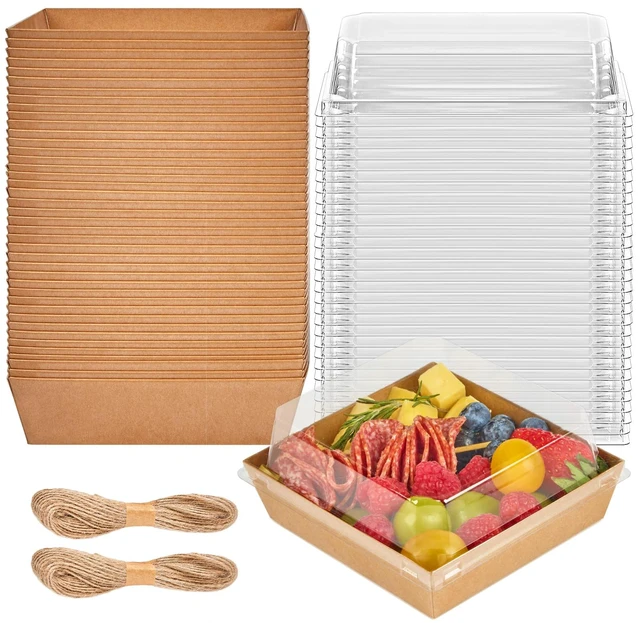Main image of 100 Pack 5 Inch Paper Charcuterie Boxes with Clear Lids, Brown Small, Square, To Go Food Containers, Bakery Boxes, For Mini Cake, Desserts, Cookies, Sandwiches, Strawberries