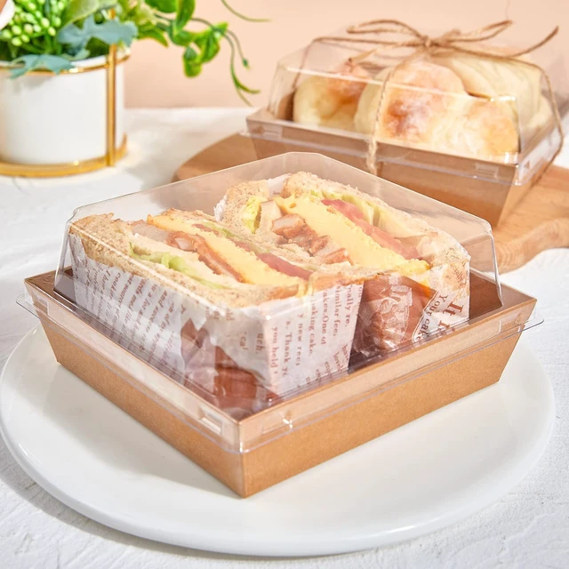 Alt view image 6 of 7 - 100 Pack 5 Inch Paper Charcuterie Boxes with Clear Lids, Brown Small, Square, To Go Food Containers, Bakery Boxes, For Mini Cake, Desserts, Cookies, Sandwiches, Strawberries