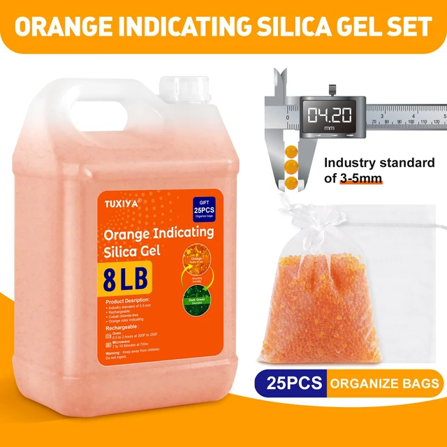 Alt view image 2 of 7 - 8 LBS Orange Indicating Silica Gel Desiccant Beads Reusable Industry Standard 3-5 mm, Rechargeable Silica Gel Beads for 3D Filament, Electronic, Camera, Jewelry 25PCS Organza Bag