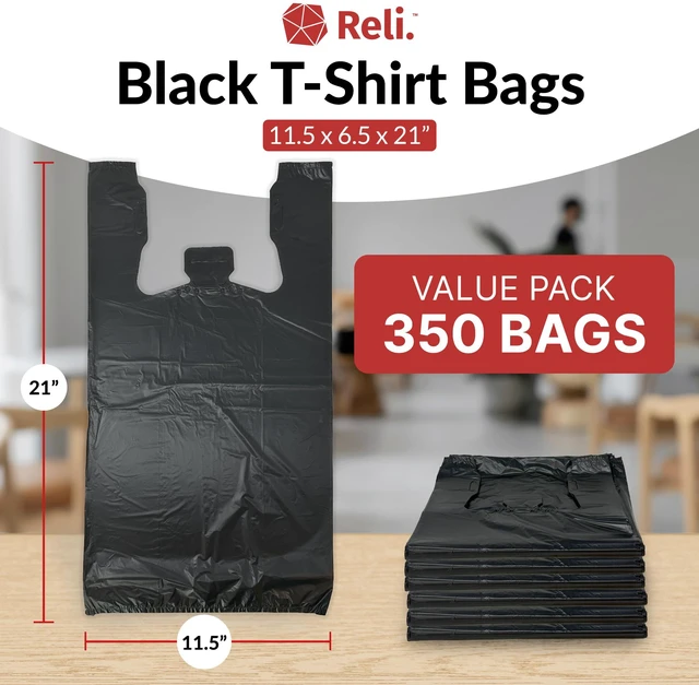 Alt view image 2 of 7 - T-shirt Plastic Bags | 350 Pack | Black Plastic Bags with Handles (Plain) | Ideal for Grocery, Shopping, Food Take Out/To Go, Small Business