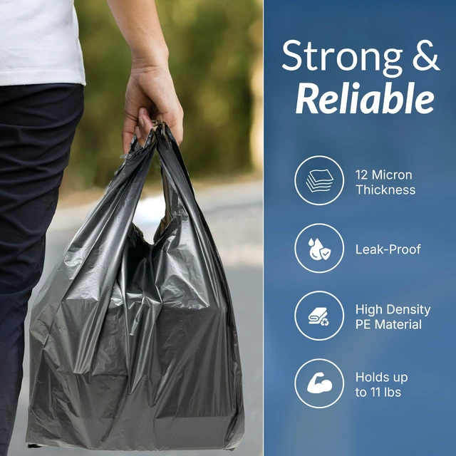 Alt view image 3 of 7 - T-shirt Plastic Bags | 350 Pack | Black Plastic Bags with Handles (Plain) | Ideal for Grocery, Shopping, Food Take Out/To Go, Small Business