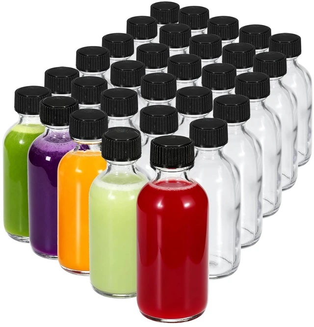 Main image of 30-Pack 2 oz (60ml) Small Glass Boston Round Bottles with Lids Leak-Proof Mini Travel Containers for Ginger Shots, Juice, Whiskey, Vanilla Extract, Samples W/Labels, Funnels & Brushes