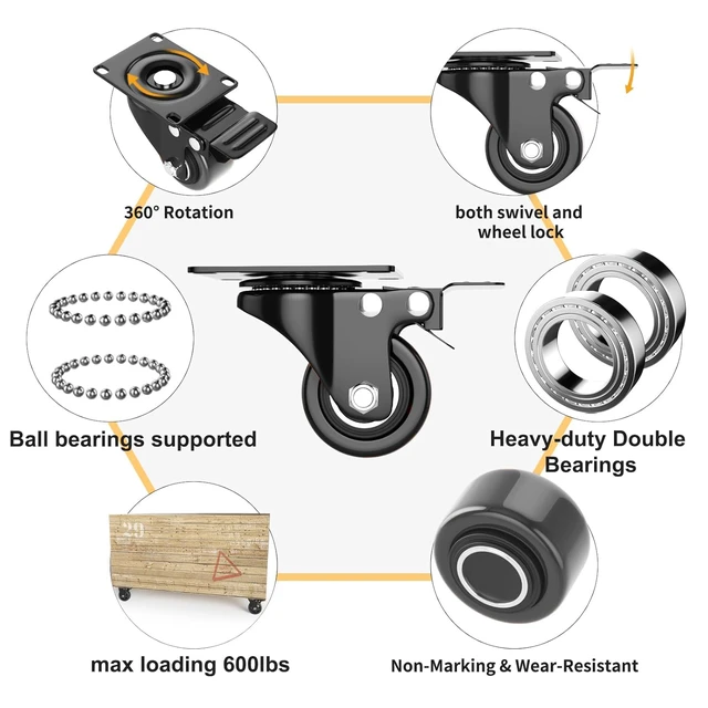 Alt view image 3 of 7 - 2 Inch Caster Wheels Heavy Duty, Casters Set of 4 with Brake Polyurethane, Dual Lock Industrial Swivel Plate Mount for Furniture/ Workbench/Cart, Hardware Kits for Installation