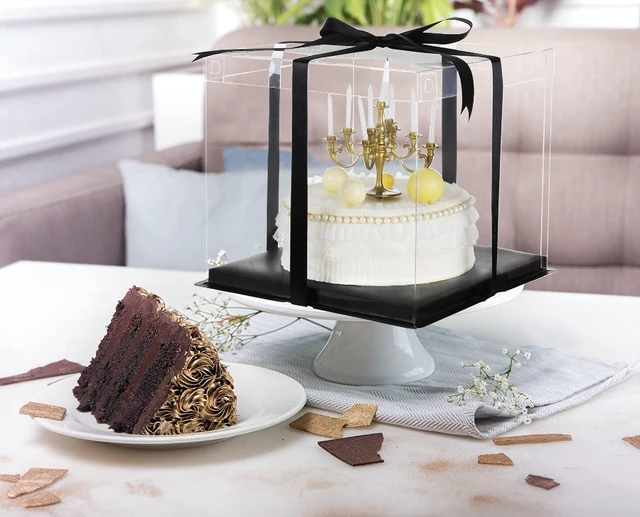 Alt view image 3 of 6 - 6inch Clear tall cake Box with Ribbon, 8 X 8 X 9inch for Bakery Boxes Clear Gift Boxes,ideal for wedding birthday party and gift display-Black
