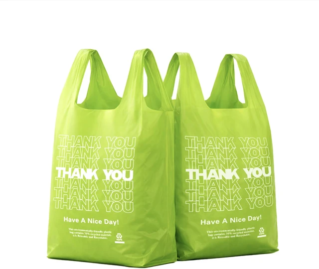 Main image of Green Thank you bags, 200PCS T shirt bags, To Go Bags,Grocery bags, Reusable and Disposable,Perfect for Small Business,Take Out,Retail, Large