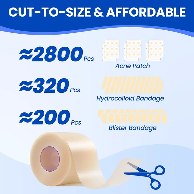 Alt view image 2 of 7 - Hydrocolloid Roll Adhesive Bandages Medical Grade Pimple Tape, 2in x 16ft Waterproof Patches for Face Acne Pimple, Blister, Burn, Cut-to-Size, Sterile & Fast Healing