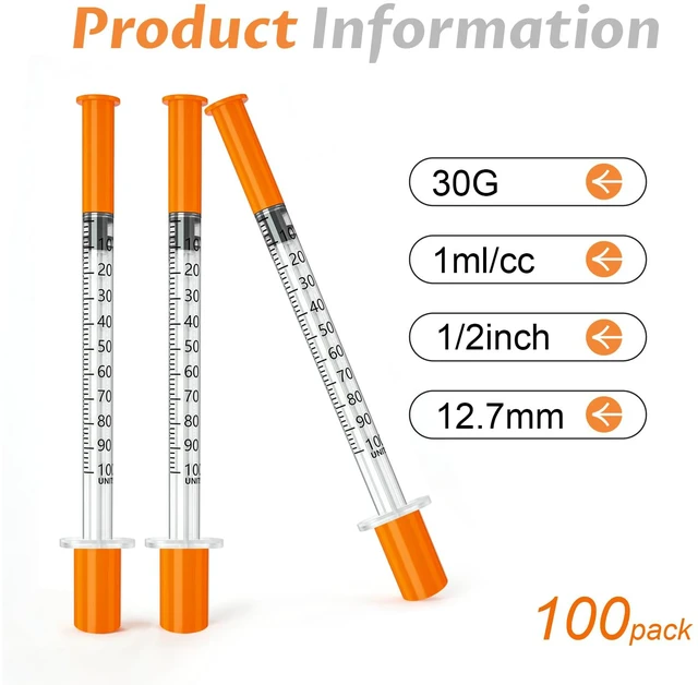 Alt view image 2 of 6 - U-100 1 ml/cc Syringes 30G 1ml 1/2"(12.7mm), Individually Packed, Pack of 100