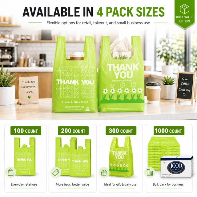 Alt view image 6 of 7 - Green Thank you bags, 200PCS T shirt bags, To Go Bags,Grocery bags, Reusable and Disposable,Perfect for Small Business,Take Out,Retail, Large