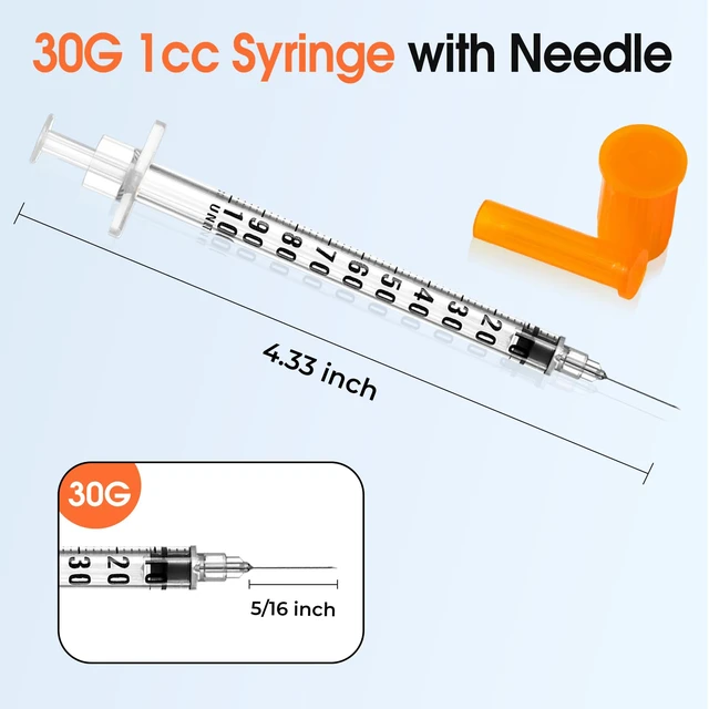 Alt view image 2 of 7 - 1ml 30G 5/16" (8mm) Syringe, Lab Syringes Individually Wrapped, Pack of 100