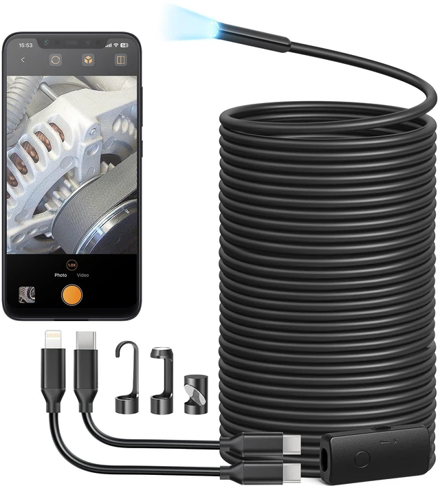 Main image of Endoscope Camera with Light, 1920P HD Borescope with 8 Adjustable LED Lights, Semi-Rigid Snake Camera, IP67 Waterproof Inspection Cam for iPhone & Android, 50ft Single Lens