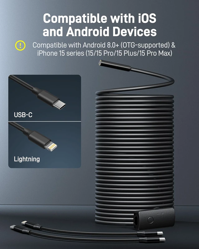 Alt view image 2 of 7 - Endoscope Camera with Light, 1920P HD Borescope with 8 Adjustable LED Lights, Semi-Rigid Snake Camera, IP67 Waterproof Inspection Cam for iPhone & Android, 50ft Single Lens