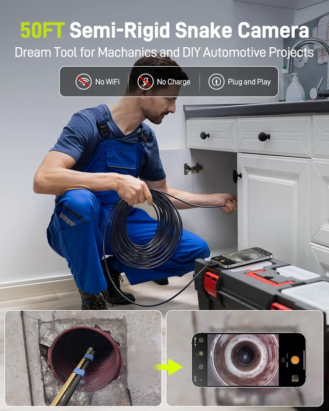 Alt view image 4 of 7 - Endoscope Camera with Light, 1920P HD Borescope with 8 Adjustable LED Lights, Semi-Rigid Snake Camera, IP67 Waterproof Inspection Cam for iPhone & Android, 50ft Single Lens