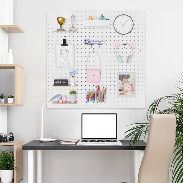 Alt view image 2 of 6 - Modular Plastic Peg Board Wall Organizer Kit, 12x12, White Includes 26 hooks and 2 bins, adhesive or drill mounting, ideal for office, gaming room, garage