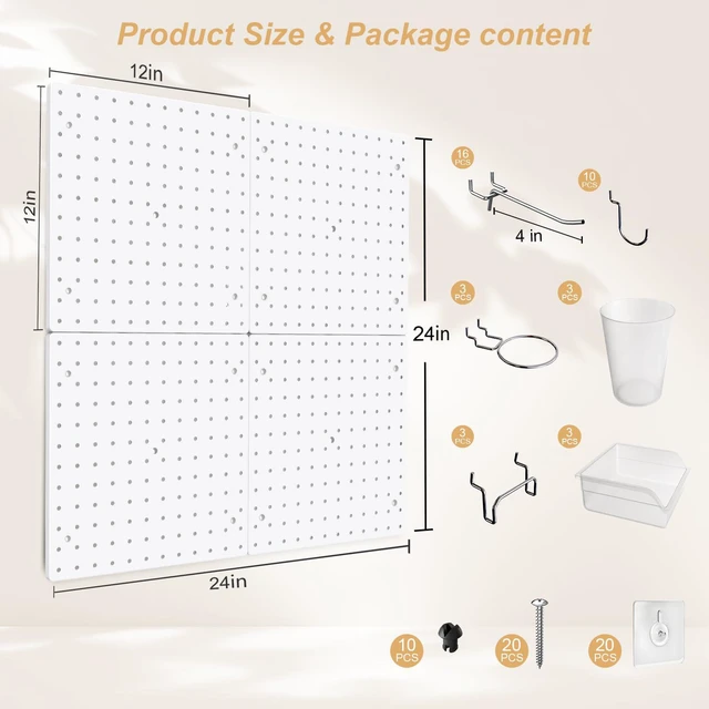 Alt view image 3 of 6 - Modular Plastic Peg Board Wall Organizer Kit, 12x12, White Includes 26 hooks and 2 bins, adhesive or drill mounting, ideal for office, gaming room, garage
