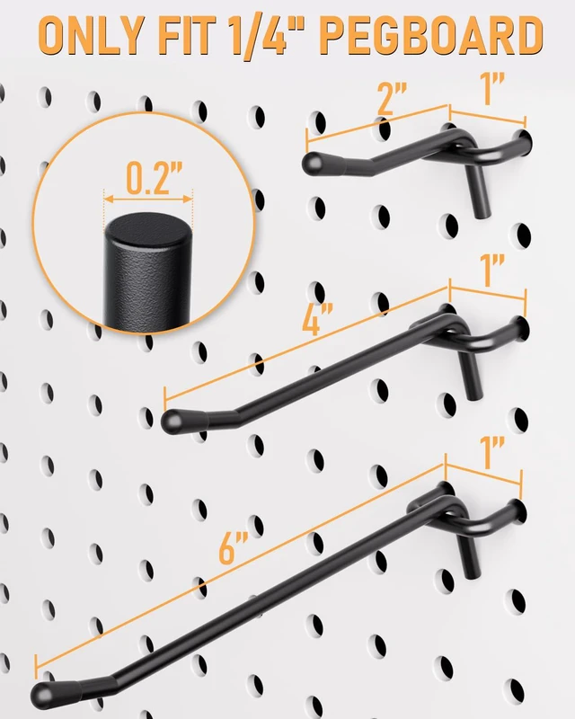 Alt view image 4 of 7 - 120 Pack 2/4/6 Inch Black Pegboard Hooks, 1/4" Heavy Duty Peg Board Shelving Hooks Accessories, Fit for 1/4" Pegboard, Garage, Crafts, Kitchen, Store, Peg Board Tool Hangers