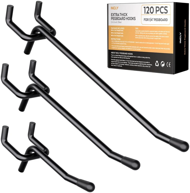 Main image of 120 Pack 2/4/6 Inch Black Pegboard Hooks, 1/4" Heavy Duty Peg Board Shelving Hooks Accessories, Fit for 1/4" Pegboard, Garage, Crafts, Kitchen, Store, Peg Board Tool Hangers
